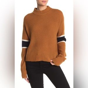 Anthropologie John & Jenn Caramel Knit Varsity Sweater with Navy Stripe